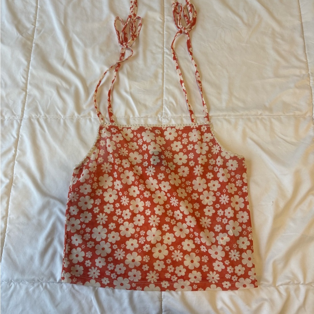 Forever 21 Sheer Orange and White Floral Tank